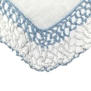 Vintage Handkerchief Blue White Lacy Hankie Crocheted Wide Edge 14 Inch Square